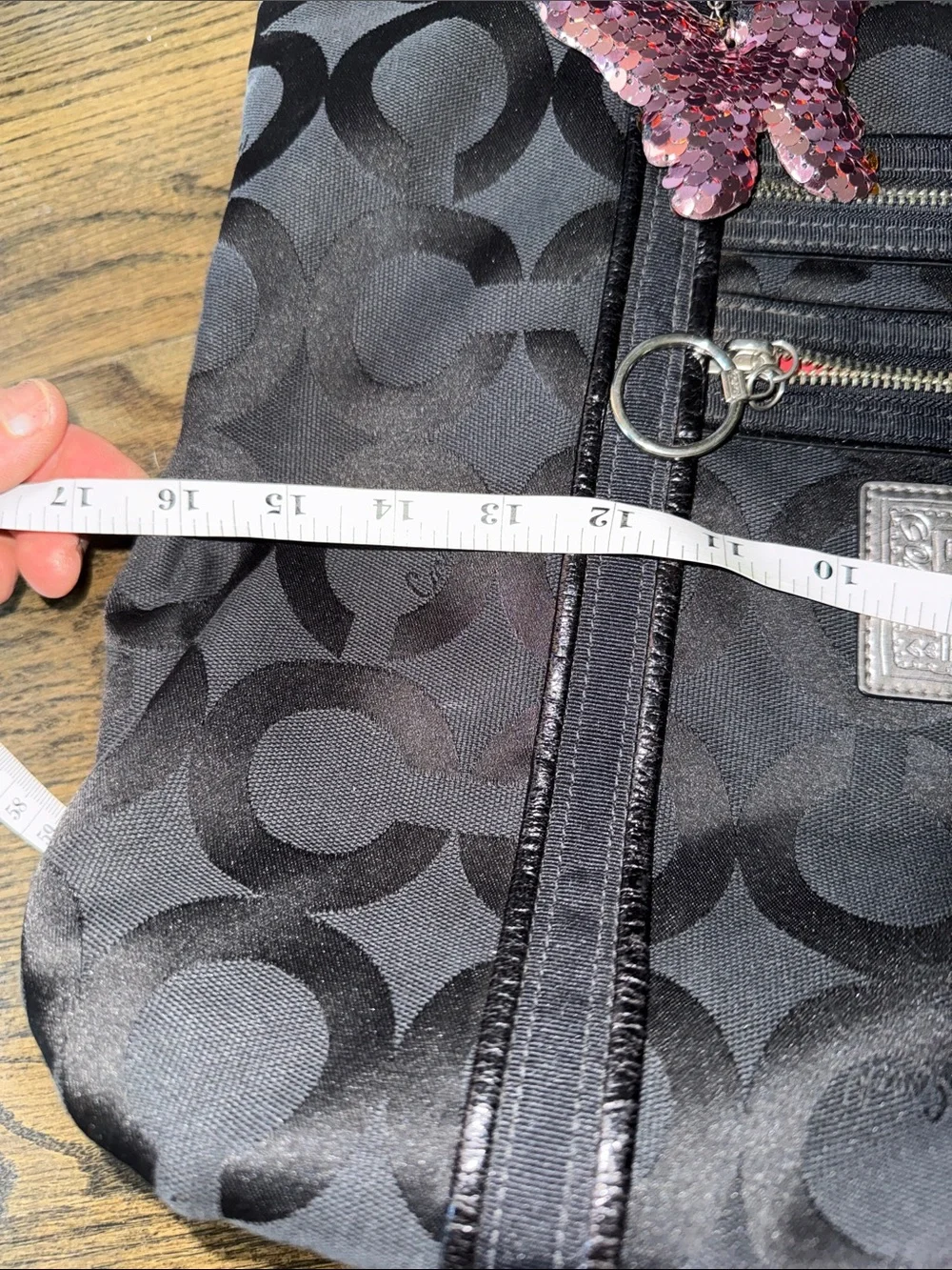 Coach POPPY Black Signature Tote with Pink Sequin Butterfly Charm
